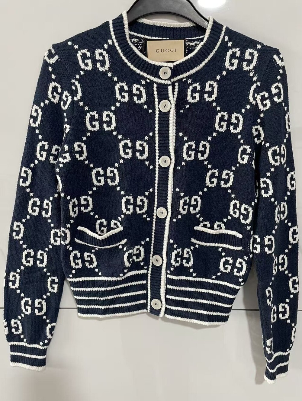 Gucci Navy and White GG Button-Front Cardigan